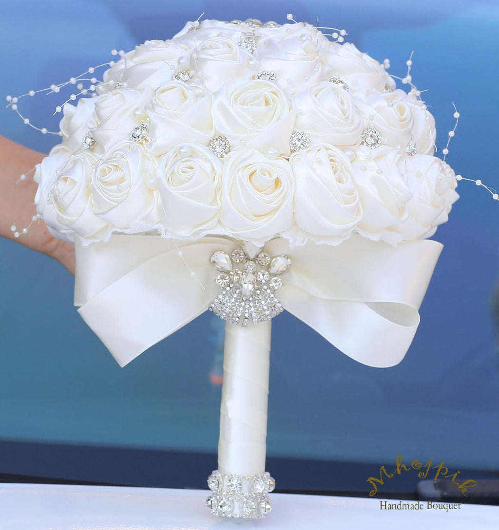 Mhojpik Bridal Wedding Bouquet Round Bling Brooch Holding Bouquet Artificial Rose Flower Bunch for Bride Bridesmaid Wedding Quinceanera(Ivory, 9.8")