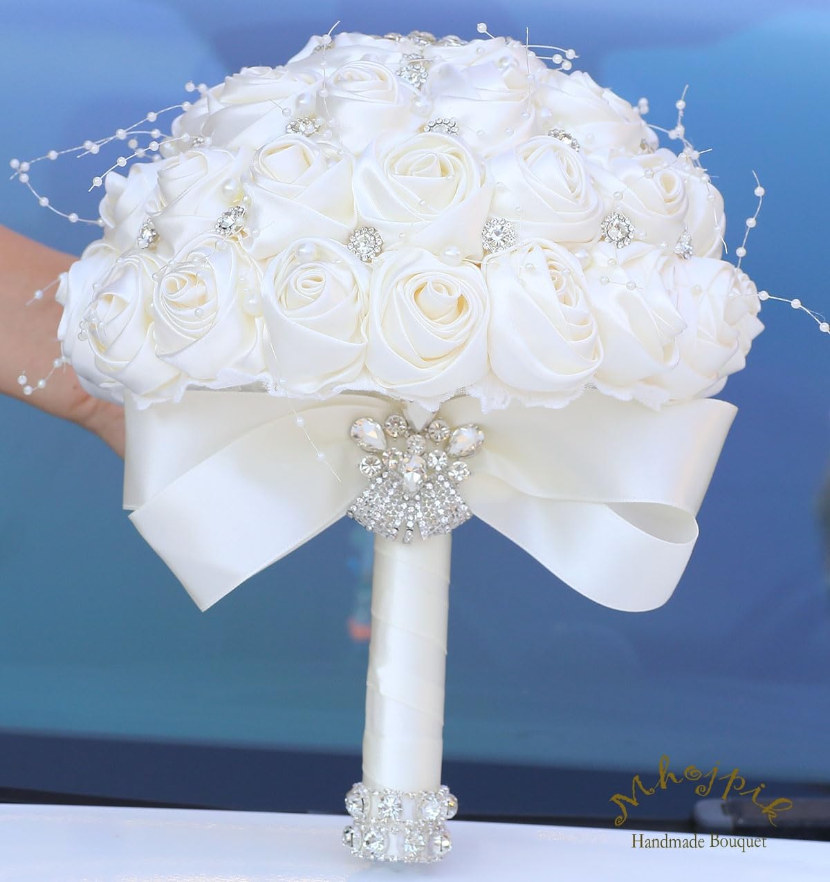 Mhojpik Bridal Wedding Bouquet Round Bling Brooch Holding Bouquet Artificial Rose Flower Bunch for Bride Bridesmaid Wedding Quinceanera(Ivory, 9.8")