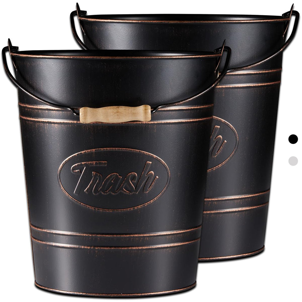 Pack 2, Rustic Farmhouse Bathroom Trash Can, Modern Country Style Galvanized Farm Metal Kitchen Trash Bucket, Large Vintage Waste Basket, Industrial Chic Bucket Garbage Can Bin, Western Garbage Pail