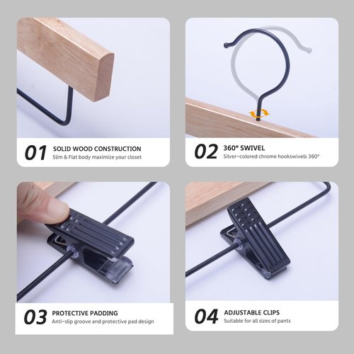 Nature Smile Deluxe Wooden Pants Hangers,Solid Rubber Wood Jeans Skirt Hanger with Black Adjustable Clips and Rotatable Hook Pack of 10(Natural Varnished)