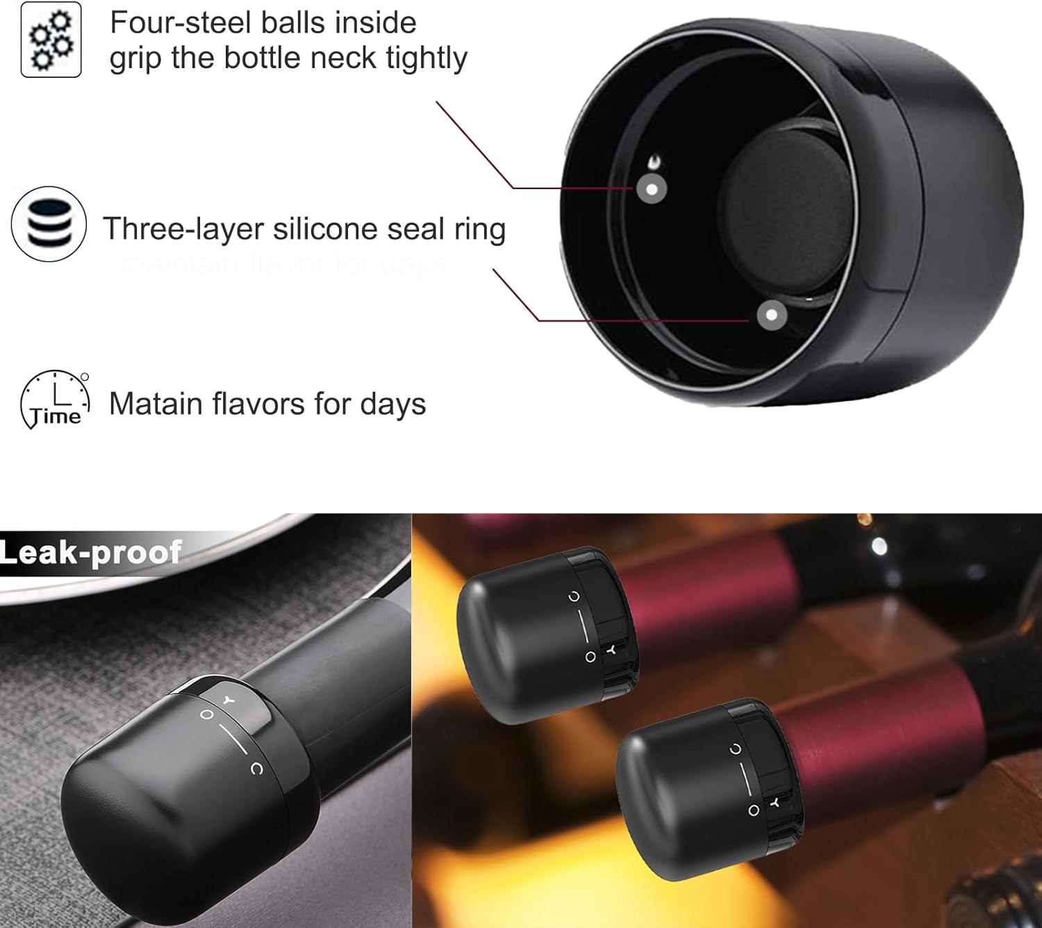 Wine Stopper 2-Pack, Silicone Sealed Wine Bottle Stopper, Twist-to-Seal Reusable Wine Sealer, Leak Proof Wine Toppers Stopper Keeps Wine Fresh, Black