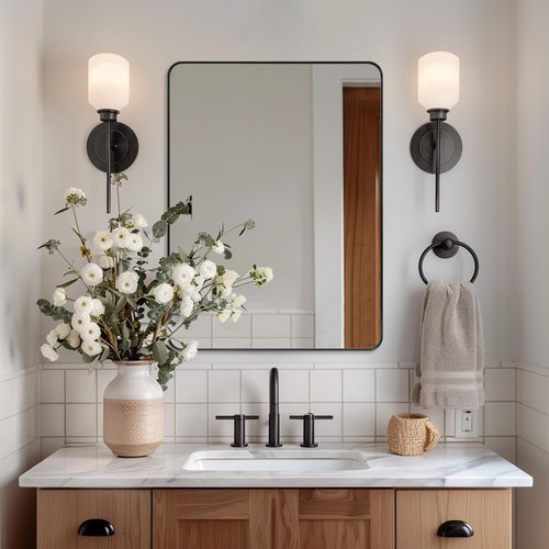 ANDY STAR Wall Mirror - 24x36 Inch Black Stainless Steel Frame | Rounded Corner Decorative Bathroom Mirror