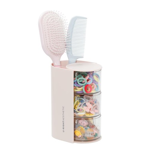 FABROK 3-Layer Clear Hair Accessories Organizer with Hair Brushes Holder, Rotatable Small Jewelry Box for Hair Clip Earring Necklaces, Desktop Organizer Case for Cotton Swab, Hair Accessories(Pink)