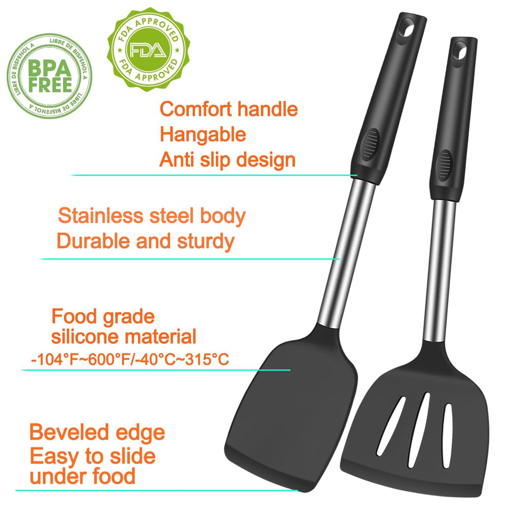 KLAQQED 5Pcs Silicone Spatula Heat Resistant Long Large Spatulas Set for Nonstick Cookware, Rubber Pancake Fish Turner Spatula for Kitchen Use Silicone Cooking Kitchen Utensils Set Black