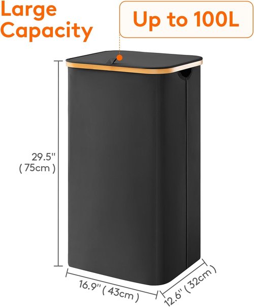 Lifewit 100L Laundry Basket - Foldable Hamper with Lid & Bamboo Handles | Black with Removable Bag