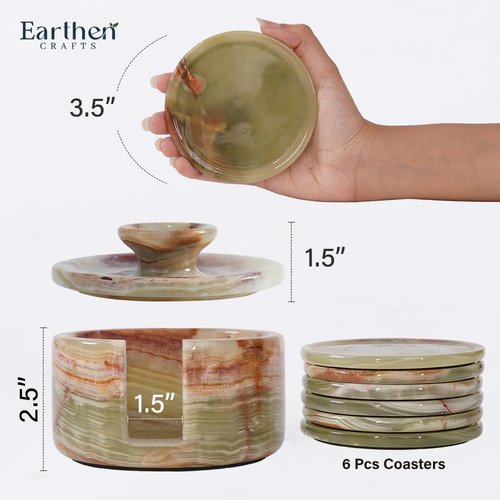 Earthen Crafts Marble Coasters Set of 6 for Drinks 3.5" Green Onyx Round Stone Drink Coaster with Holder & Lid for Table Countertop, Kitchen Counter & Coffee Table Decor