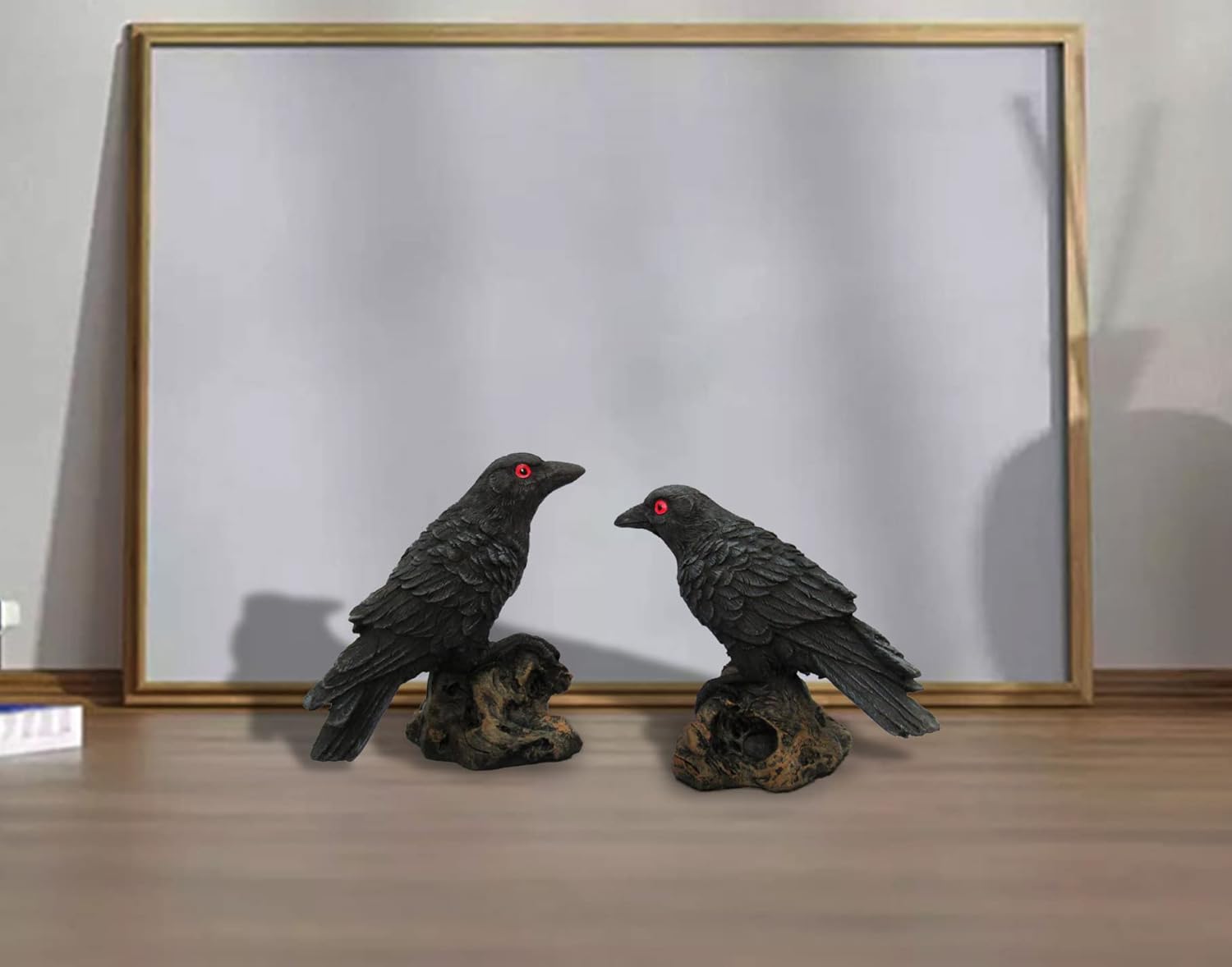 Skiennix 2PCS Resin Crow Raven Statues - Black Bird Halloween Decor | Realistic Design