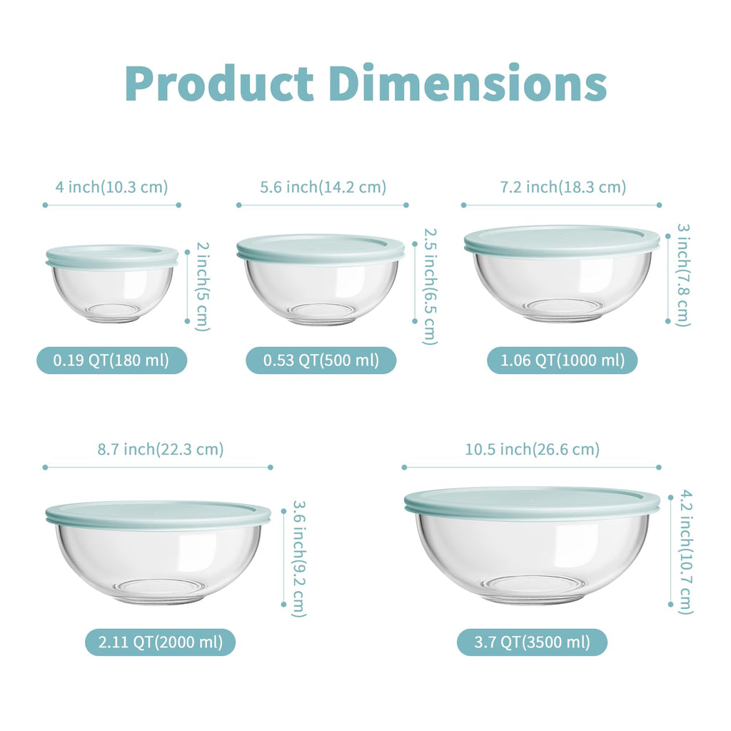 WhiteRhino Glass Mixing Bowl with Lids Set of 5, 0.2, 0.5, 1.1, 2.1, 3.75 QT, Large Salad Bowls with BPA-Free Lids, Space-Saving Nesting Bowls for Kitchen Food Storage, Glass bowl for Cooking, Baking