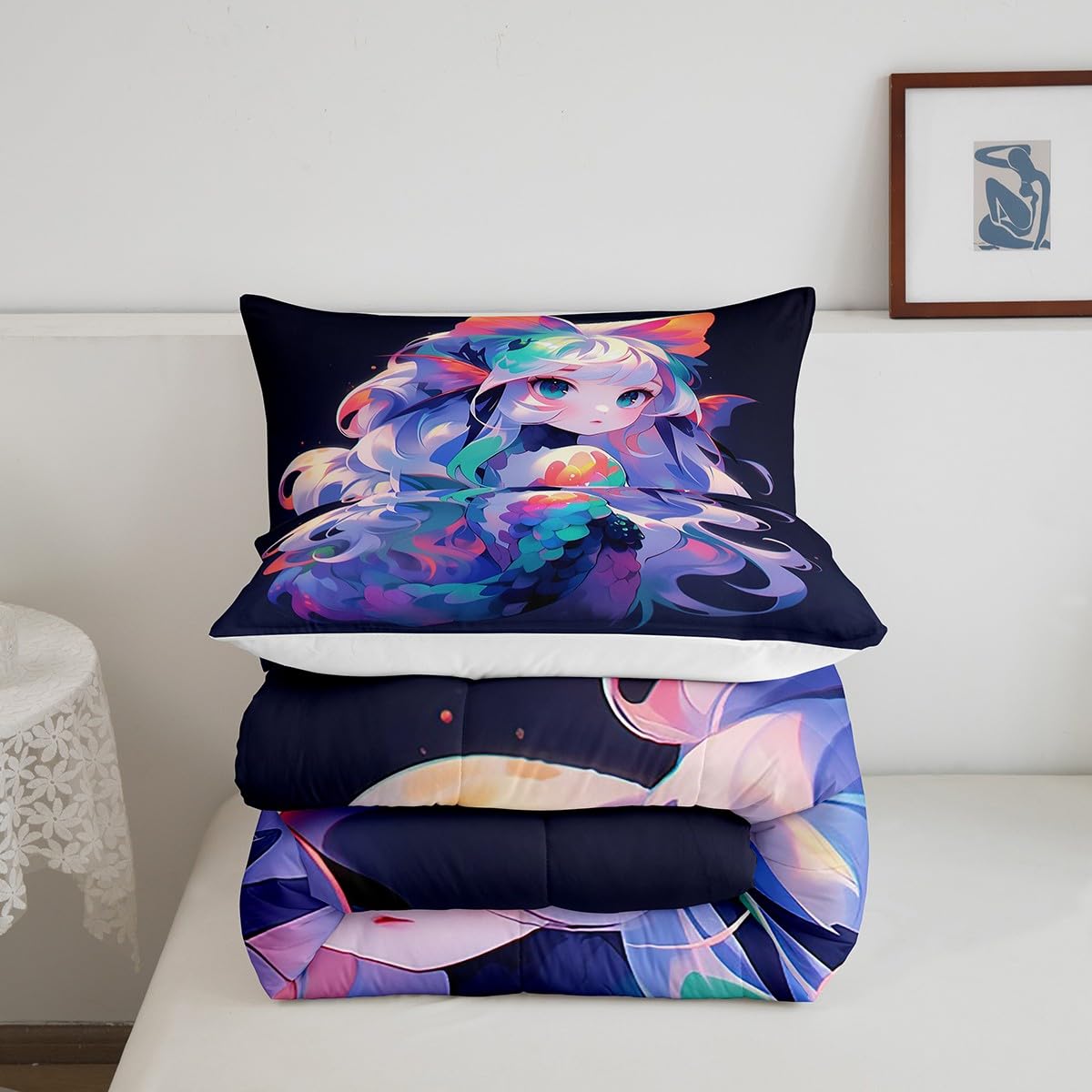 Erosebridal Anime Comforter Set Japanese Girl Bedding Comforter Sets 3D Cartoon Printed Bedding Queen for Kids Girls Anime Gifts Quilt with 2 Pillow Cases