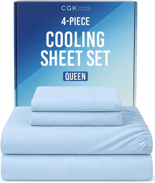 Cooling Sheets Set - Queen Size 4-Piece Bedding for Hot Sleepers | Soft, Breathable, Lightweight - Sky Blue