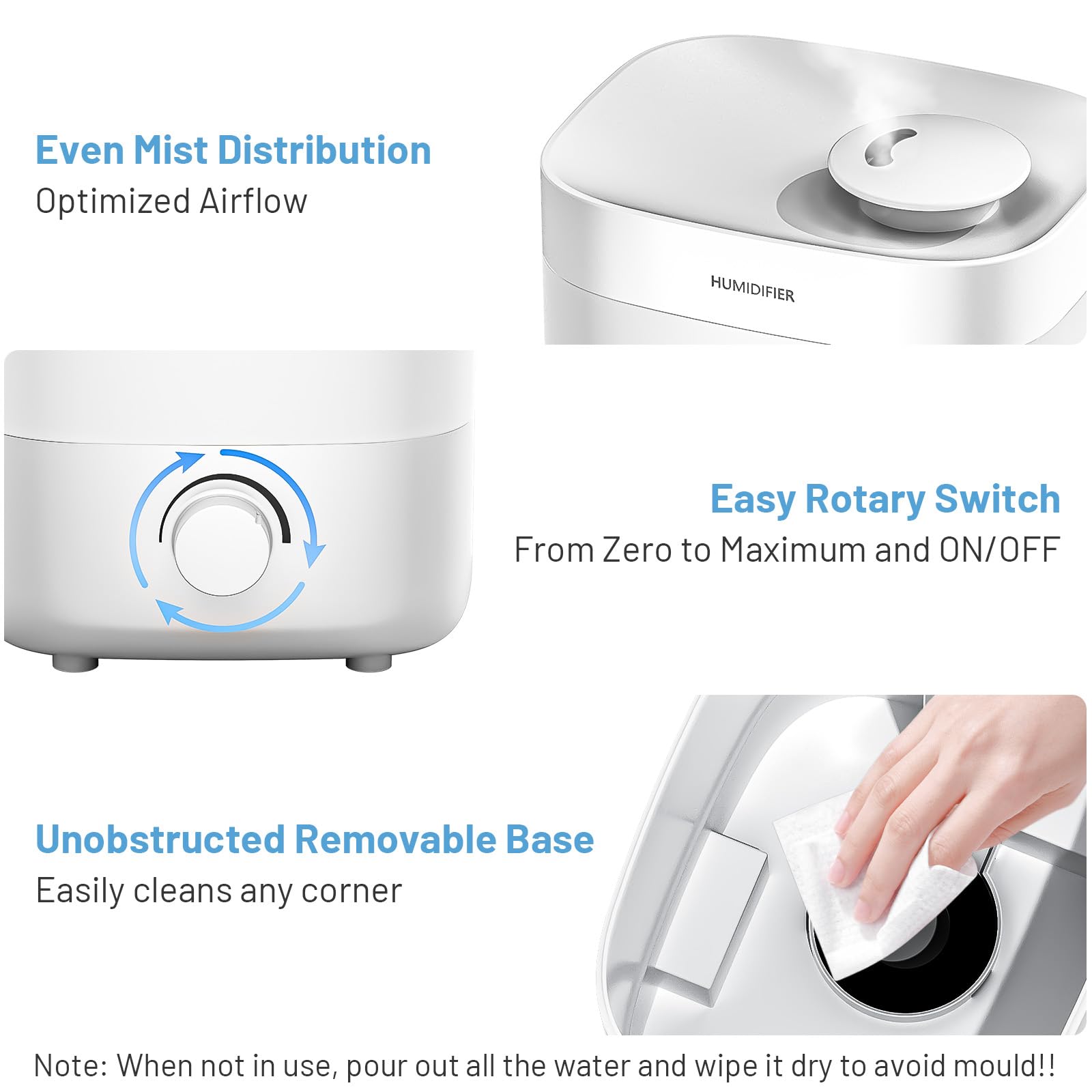 SimerSure Top Fill Humidifier, 2L Water Tank for Bedroom, 28H Long Lasting White Air Humidifier for Large Room, Ultra Quiet 25dB Cool Mist for Baby, Plants, Office, Easy to Clean & Fill