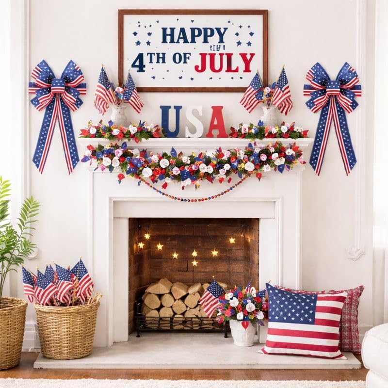 Skiennix Memorial Day Decorations - Patriotic Stripe Stars Wreath Bow for Front Door | Red, White & Blue Tree Topper Bows
