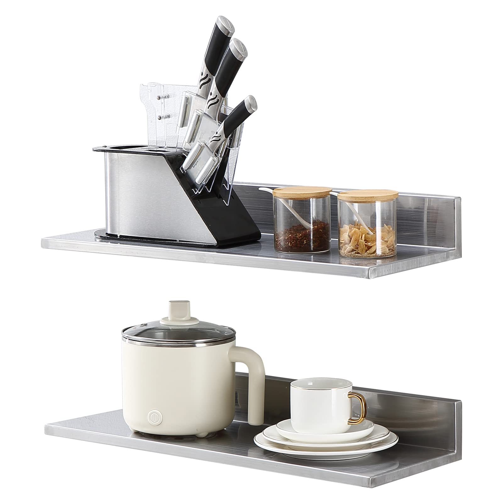 VEVOR 8.6" x 24" -2Pack Stainless Steel Shelf, Wall Mounted Floating Shelving with Backsplash, 44 lbs Load Capacity Commercial Shelves, Heavy Duty Storage Rack for Restaurant, Kitchen, Bar, Home