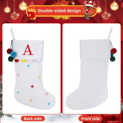 SIRIPHUM 19.5 Inches Initial Monogram White Christmas Stocking Personalized, Embroidered Letter Fleece Christmas Stocking with pom poms Decoration for Family Christmas Holiday Party Decor-A