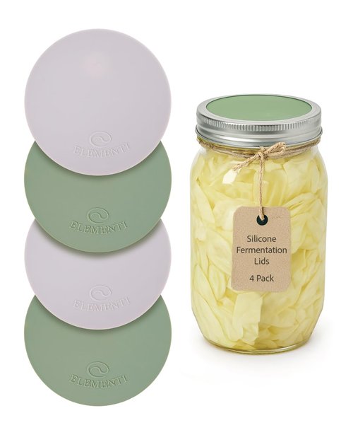 Elementi Mason Jar Fermentation Lids - Set of 4 Easy Grip Silicone Airlock Lids for Wide Mouth Mason Jars – Sauerkraut & Pickling Fermentation Kit – Self Burping Airlocks for Fermenting Kit