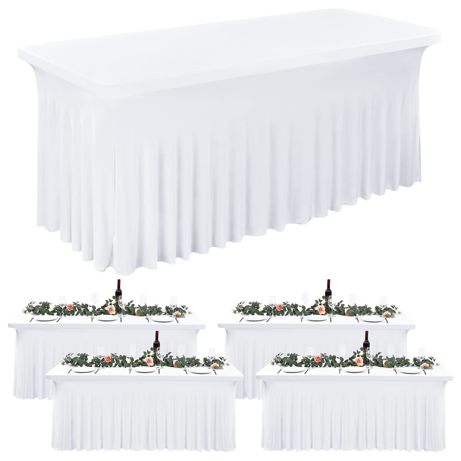 Fani 4 Pack Spandex Table Skirts for Rectangle Stretch Tablecloth, Wrinkle Resistant Table Covers and Fitted Skirts for Trade Show, Banquet, Restaurant, Party, Events (8ft, White)