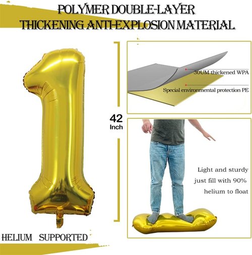 GOER Gold Foil Number Balloons - Huge 1st Birthday Party Decorations | 3 Pack (42", 32", 16")