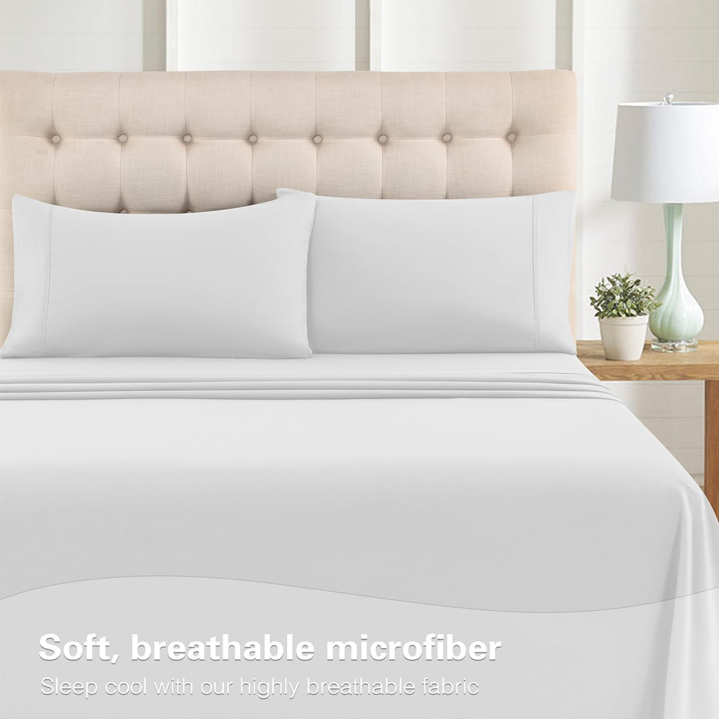 Queen Sheet Set - 4-Piece Soft Microfiber Bed Sheets | Breathable, Deep Pocket, Hotel Luxury, Oeko-Tex Certified - White