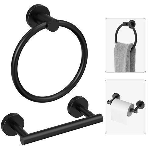 Evolvegoods Matte Black Toilet Paper Holder Wall Mount & Towel Holder, Bathroom Hardware Set-SUS304 Stainless Steel Double Post Pivoting Tissue Roll Holder and Hand Towel Ring Set for Bathroom, RV