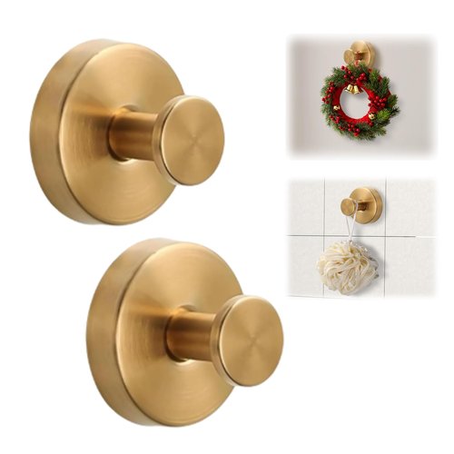 Suction Cup Hooks for Wreaths on Glass, No-Drill Suction Cup Hooks, Wreath Hangers for Front Doors, Metal Towel Hooks for Showers Bathrooms Mirrors (2Pcs Gold)