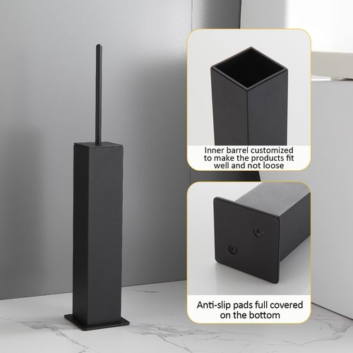 Toilet Brush and Holder Floor Standing, Black with 2 Replaceable Heads, Bathroom Toilet Brush, Freestanding Toilet Bowl Brush with Removable Liner and Splash Guard, Modern Square Design