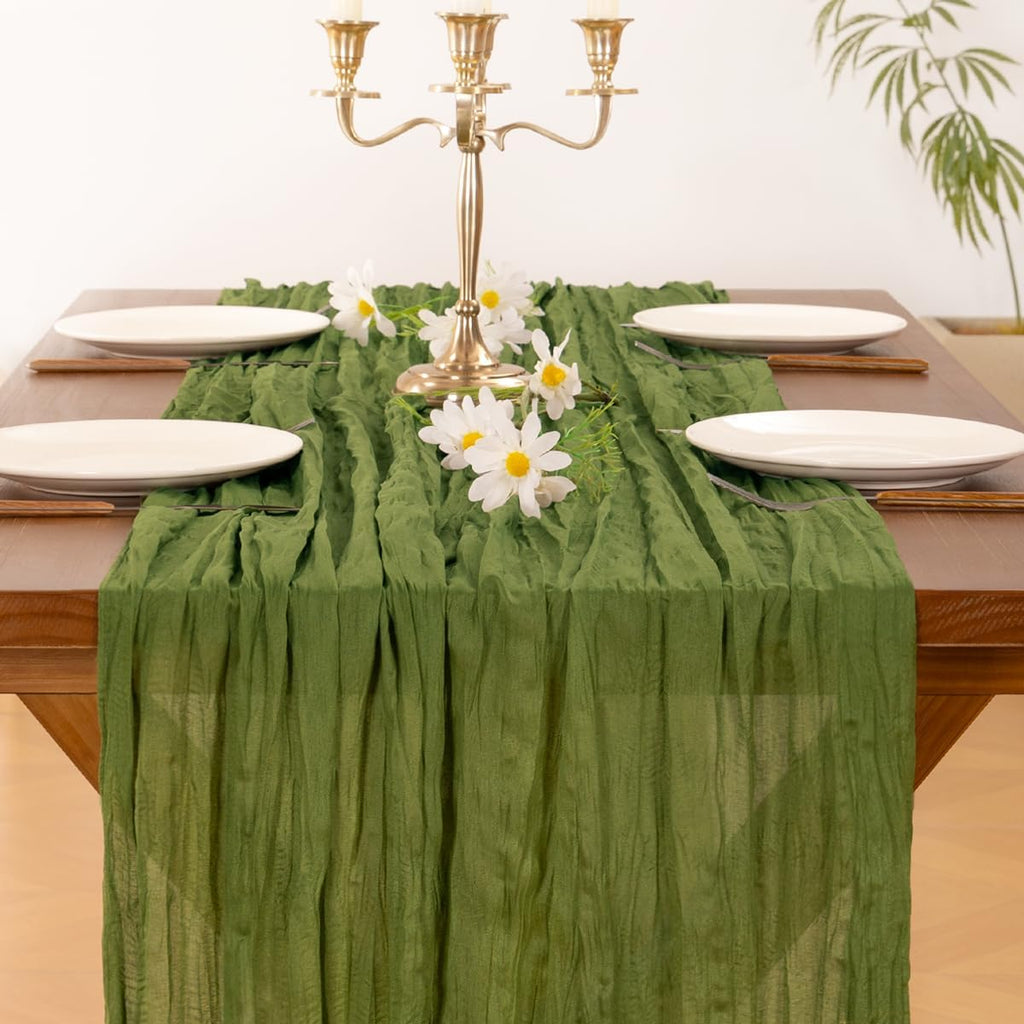 Socomi Cheesecloth Table Runner - 120 Inch Boho Rustic Green for Easter & Spring Decor | Perfect for Weddings, Parties, and Home Decor