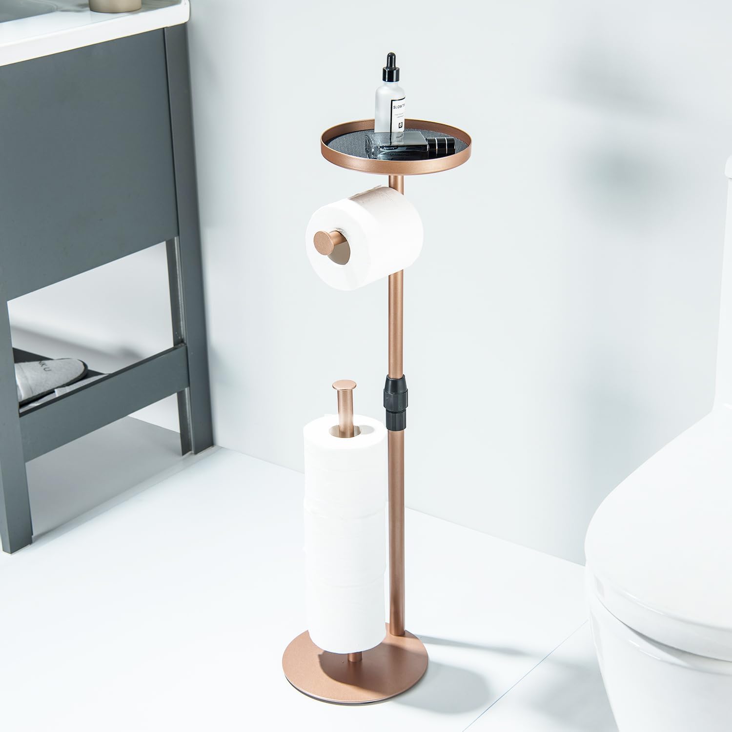 Regine Switzerland Toilet Paper Holder Stand - Adjustable Height, Stores 4 Rolls & Accessories - Bright Red Copper