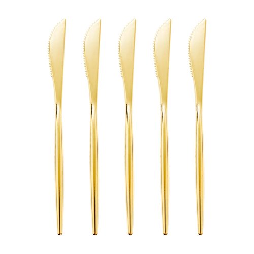 U-QE 180Pcs Gold Plastic Knives, Disposable Heavy Duty Plastic Silverware, Heavyweight Knives, Gold Flatware Perfect For Parties, Weddings and Everyday Use