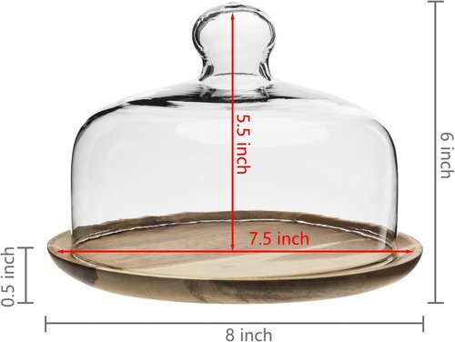 MyGift Cloche Dome Glass Dessert Serving Tray - 7.5 Inch Cake Stand with Acacia Wood Base for Parties & Weddings