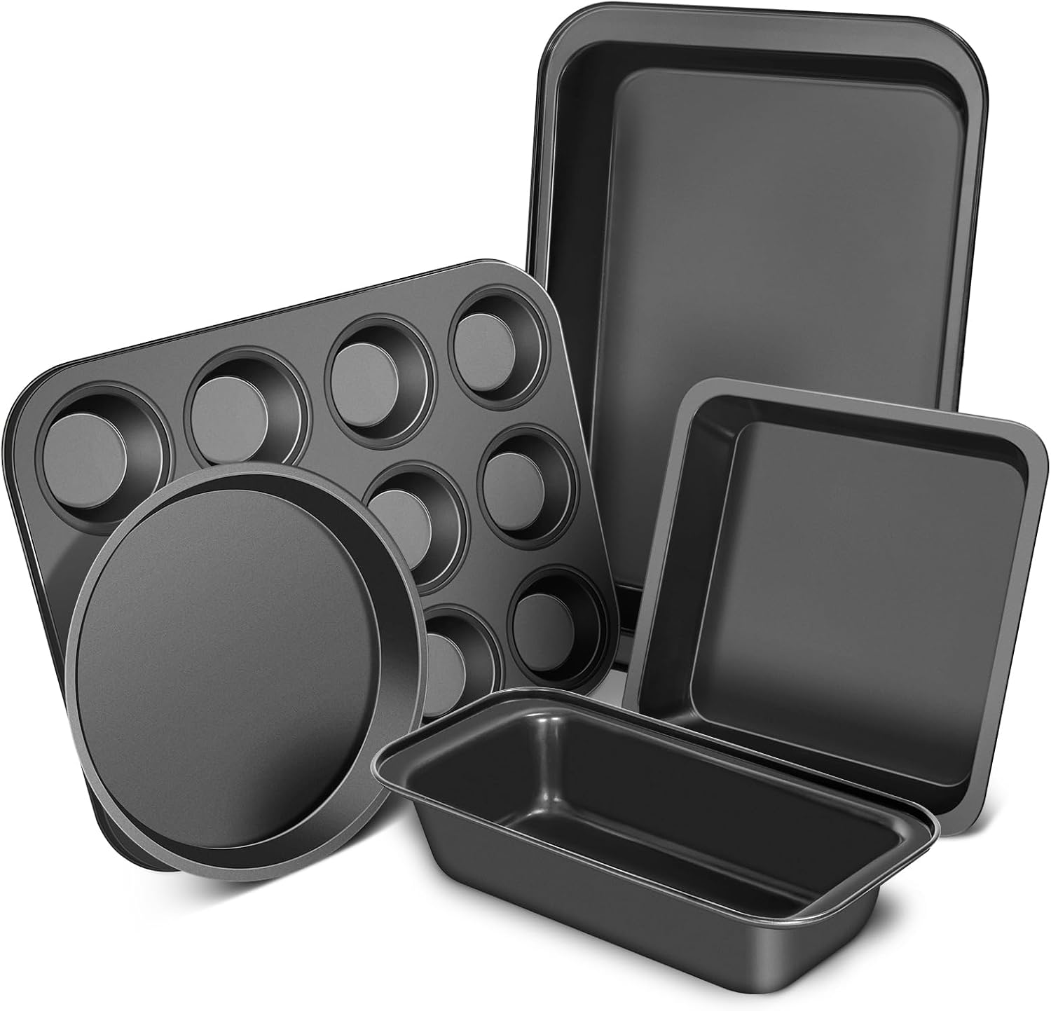 CasaCulina Nonstick Baking Pans Set - 5-Piece Bakeware Collection with Round, Square & Muffin Pans | Black