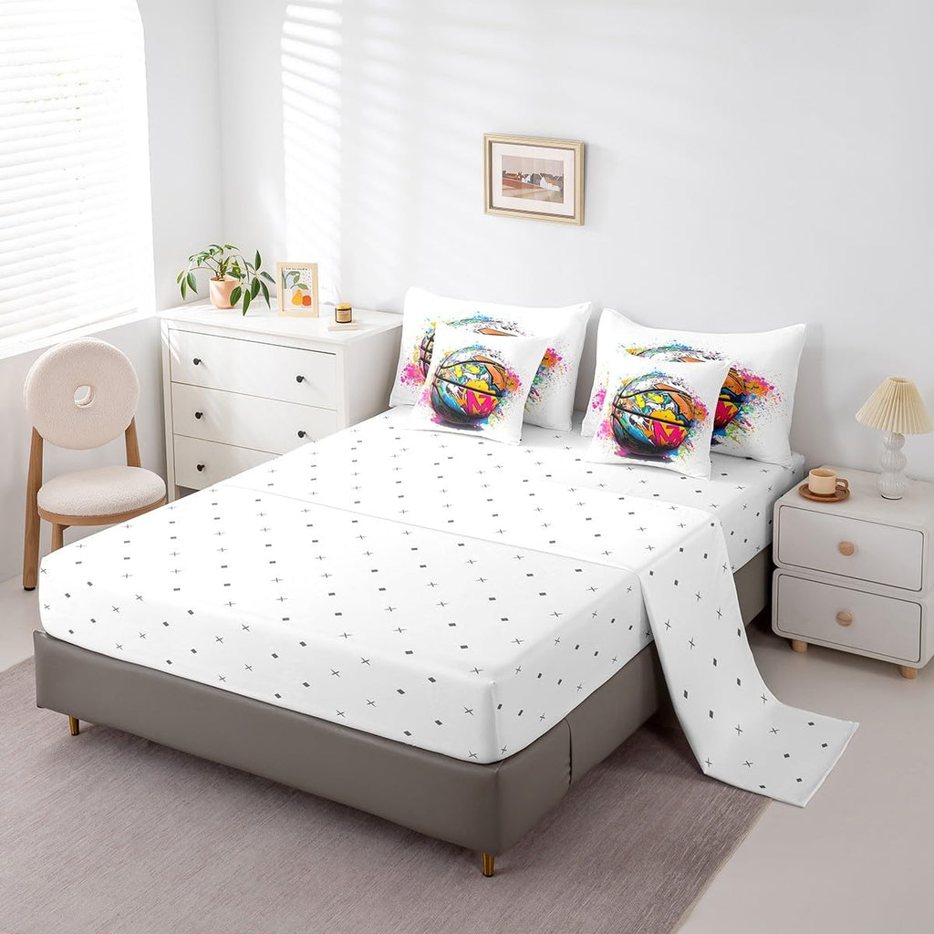 Feelyou Basketball Kids Comforter Set 7pcs, Sports Bed Set Queen for Boys Girl, Basketball Bedding with 1 Comforter,1 Fitted Sheet,1 Flat Sheet,2 Pillowcases,2 Throw Pillow Cover