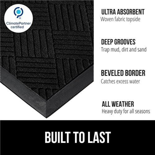 GORILLA GRIP Waterproof All-Season Doormat - Natural Rubber, Stain & Fade Resistant, 23x35, Black Diamond
