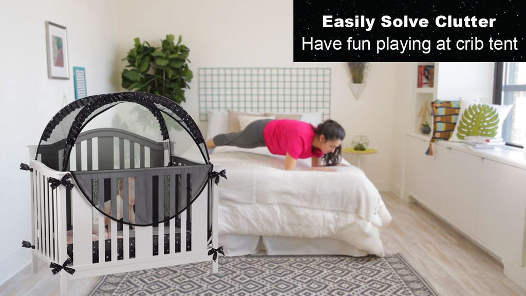 ZXPLO Safety Pop Up Crib Tent Cover to Keep Toddler from Climbing Out - Baby Bed Star Net Canopy with Mesh Organizer