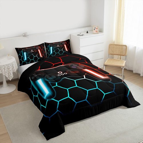 Erosebridal Game Comforter Sets for Boys Gamer Bedding Sets for Boys Queen Lightweight,Teens Modern Gradient Gaming Down Comforter Gamer Home Decor Goemetric Honeycomb Quilted Duvet + 2 Pillowcases