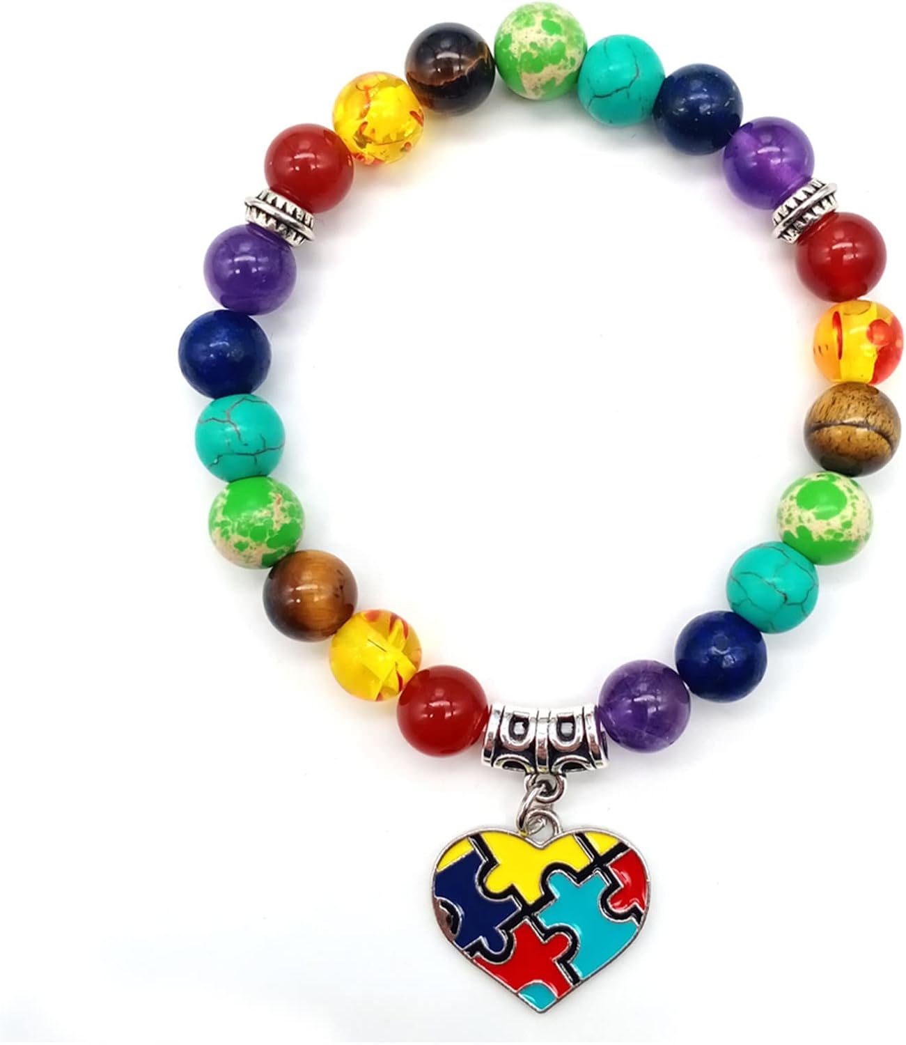 Skiennix Autism Awareness 7 Chakra Gemstone Bracelet - Heart & Ribbon Design for Yoga & Meditation
