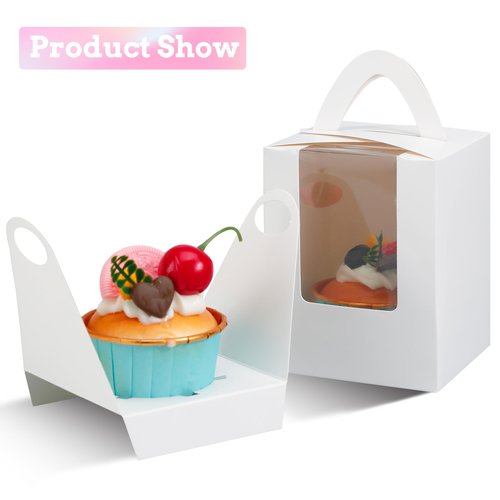 KGVZPT 60 Packs White Cupcake Boxes Carriers with Window&Inserts Handle,3.5x3.5x4.5 Inch,Portable,Individual Cupcake Containers Cardboard Holders for Cookies,Donuts,Candy,Muffins(with Stickers)