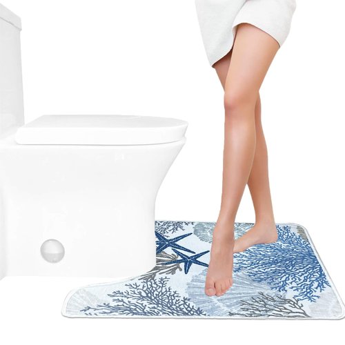 BBSET Blue Coastal U Shaped Toilet Rugs Washable 24"x20", Sea Beach Scalloped Contour Bath Mats for Bathroom Non Slip, Microfiber Absorbent Starfish Bath Mats (Sea)