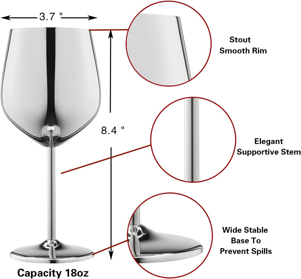 WOTOR Stainless Steel Wine Glasses Set of 4, 18oz Unbreakable Metal Wine Glass, Fancy, Unique Wine Goblets for Outdoor, Travel, Camping and Pool, Ideal Gift for Wine Lovers (Silver)