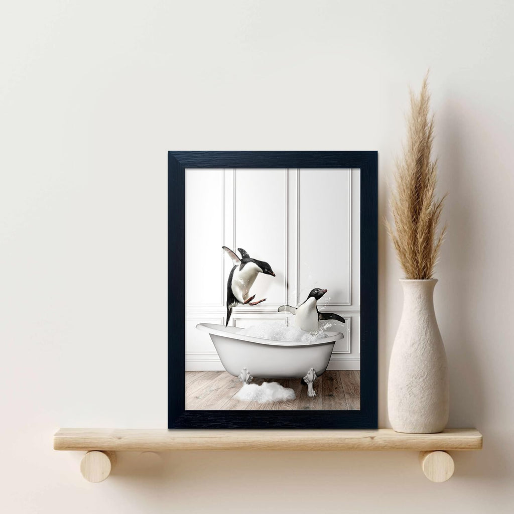 Skiennix Kids Bathroom Wall Art - Cute Penguins in Bathtub Canvas Print | Black & White Decor