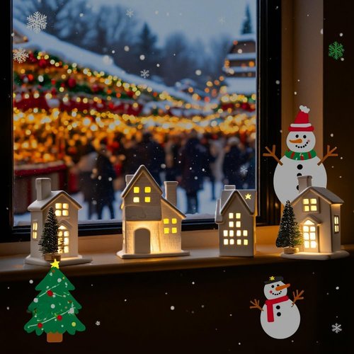 Christmas Village Set - 4 Lighted Ceramic Houses & 3 Trees | Indoor White Christmas Decorations