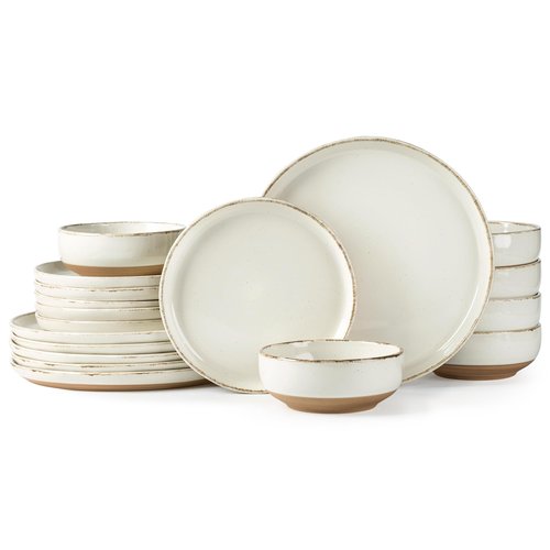 AmorArc 18 Pieces Ceramic Dinnerware Sets for 6, Handpainted Stoneware Plates and Bowls Set with Rustic Terracotta Underside, Scratch Resistant Dishes Set, Dishwasher & Microwave Safe