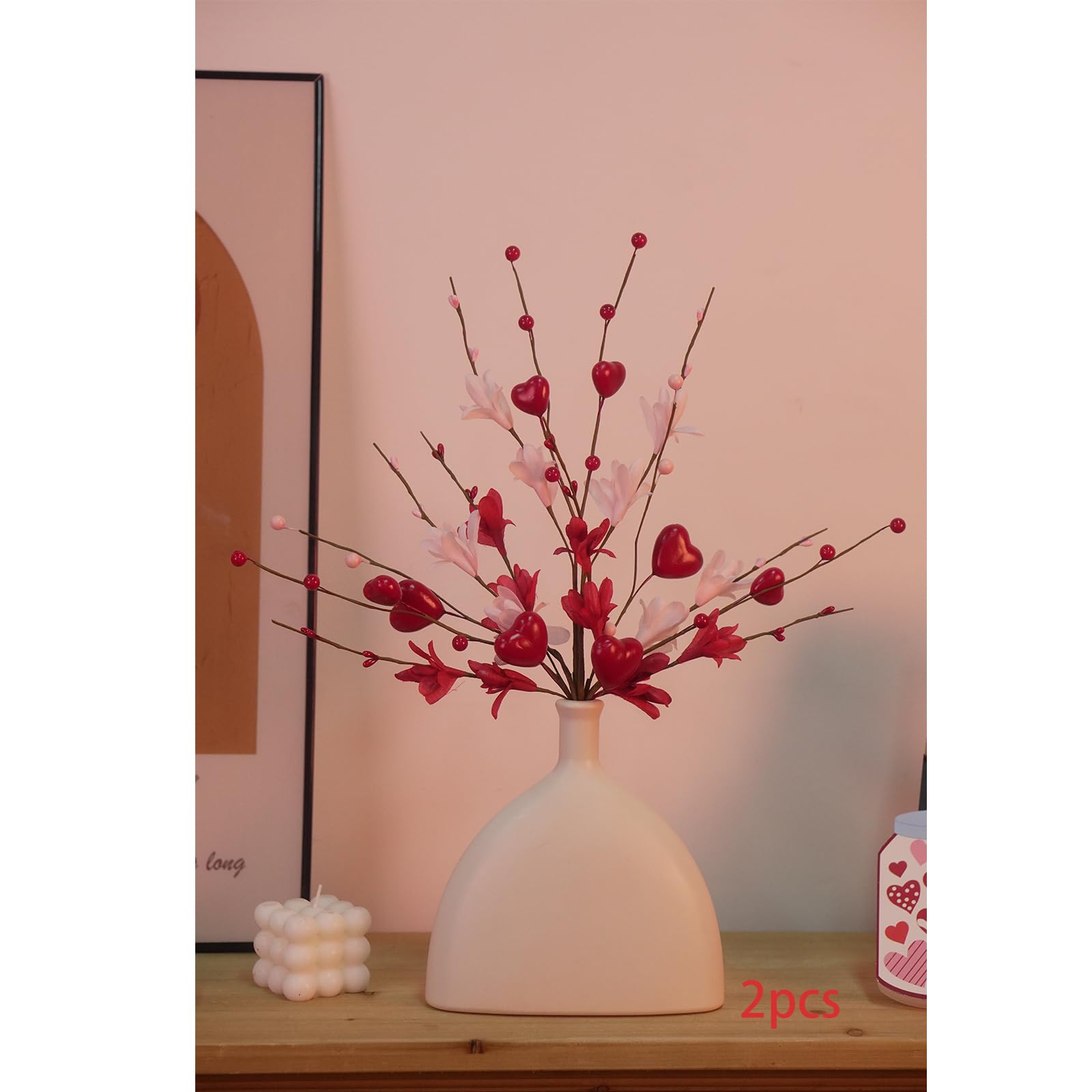 Valentines Day Decorations, 8PCS Valentine Floral Picks, Red Pink Heart Shaped Flower Stems, Artificial Berry Dry Flower Fillers for Vase, Table Centerpiece, Wedding Arrangement, Galentines, 24INCH