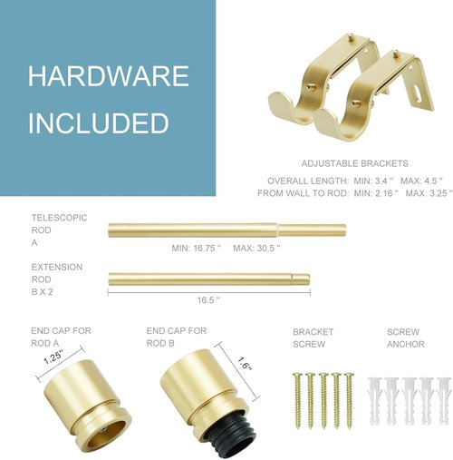 Byondeth Adjustable Curtain Rods - Max Length 60 Inches | 1 Inch Diameter with Warm Gold Aluminium Finials