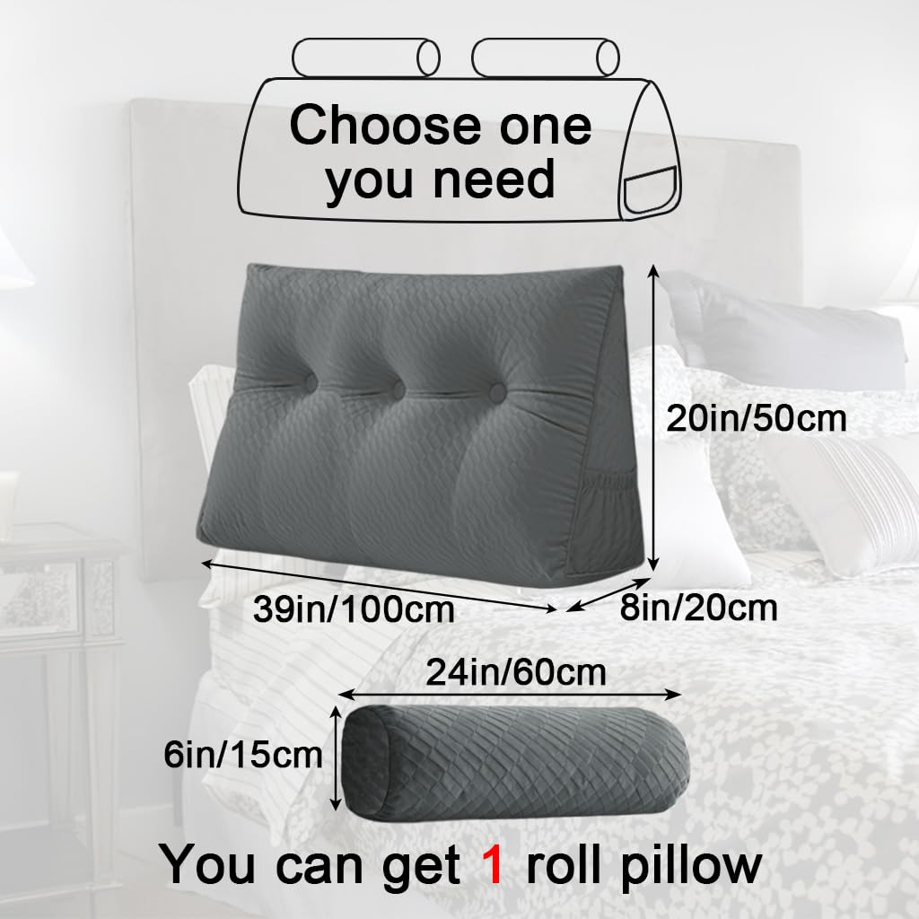 Velvet Triangular Headboard Wedge Pillow with Roll Pillow,Removable Cover Headboard Pillow Daybed Bunk Bed,Backrest Positioning Support Pillow Resting Reading Relaxing (Gray, Twin(39 * 20 * 8in))
