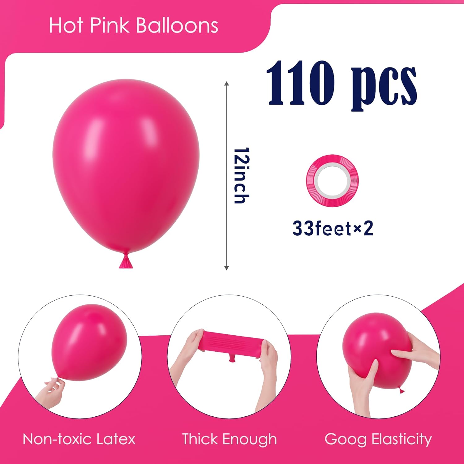 Voircoloria 110pcs Hot Pink Balloons - 12 Inch Dark Pink Latex for Parties, Weddings & Celebrations