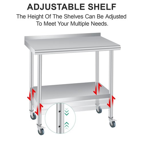 Stainless Steel Prep Table, 30 x 24 inches, with Backsplash, Adjustable Undershelf & 4 Wheels, Commercial Heavy Duty Table with Adjustable Under Shelf for Outdoor Use,Restaurants,Hotels,Works