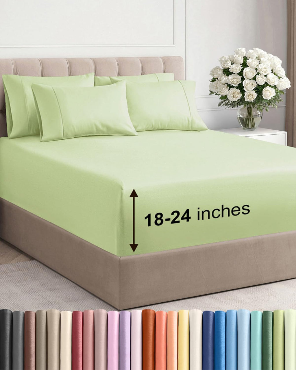 Skiennix Extra Deep Cal King Sheet Set | 6-Piece Breathable Cooling Bedding - Soft, Wrinkle-Free Light Sage