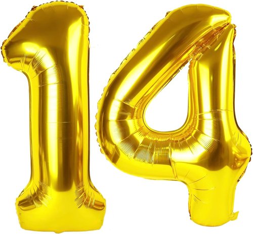 Gold Number 14 Balloon - 40 Inch Golden Birthday Decoration for 14th Year Celebration