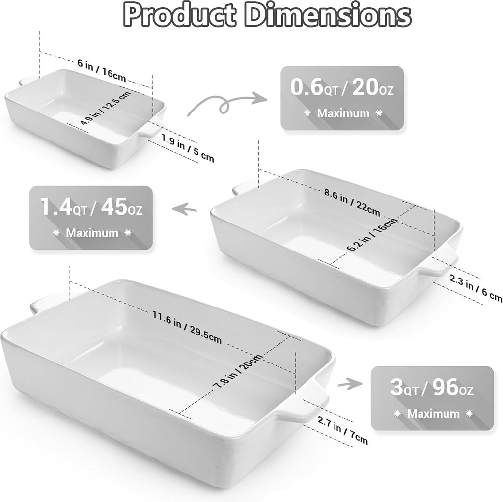 Regine Switzerland Casserole Dishes - Ceramic Baking Pan Set of 3 | Deep Lasagna Dish with Handles (11.6" x 7.8", White)