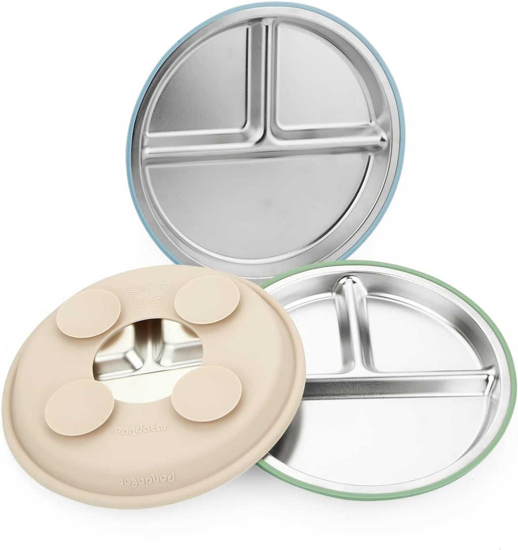 PandaEar Stainless Steel Baby Suction Plates - Non-Slip Divided Toddler Feeding Set | 3 Pack (Blue/Green/Brown)
